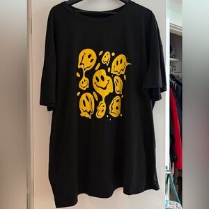 Black Graphic Tee with Yellow Melted Smiley Faces